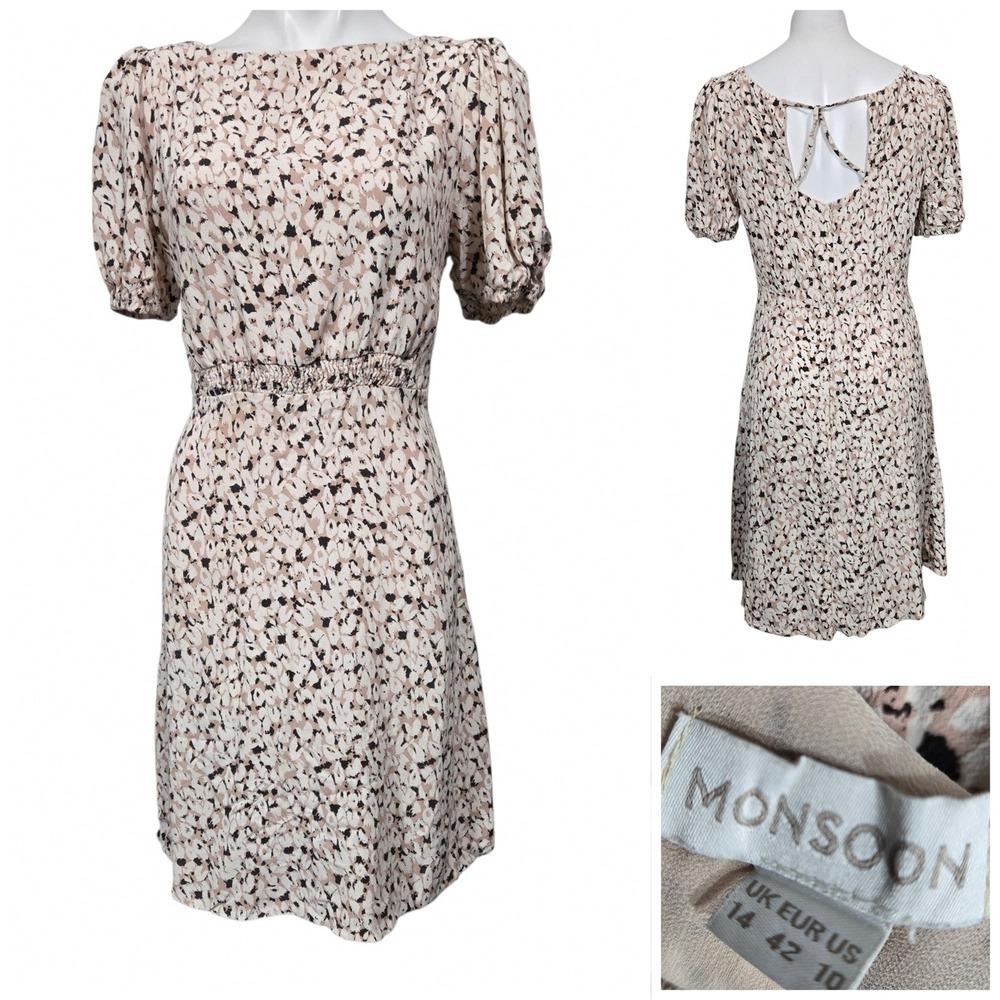 Monsoon Anna Animal Print Short Dress Pink Floral Puff Sleeve Open Back m US 10